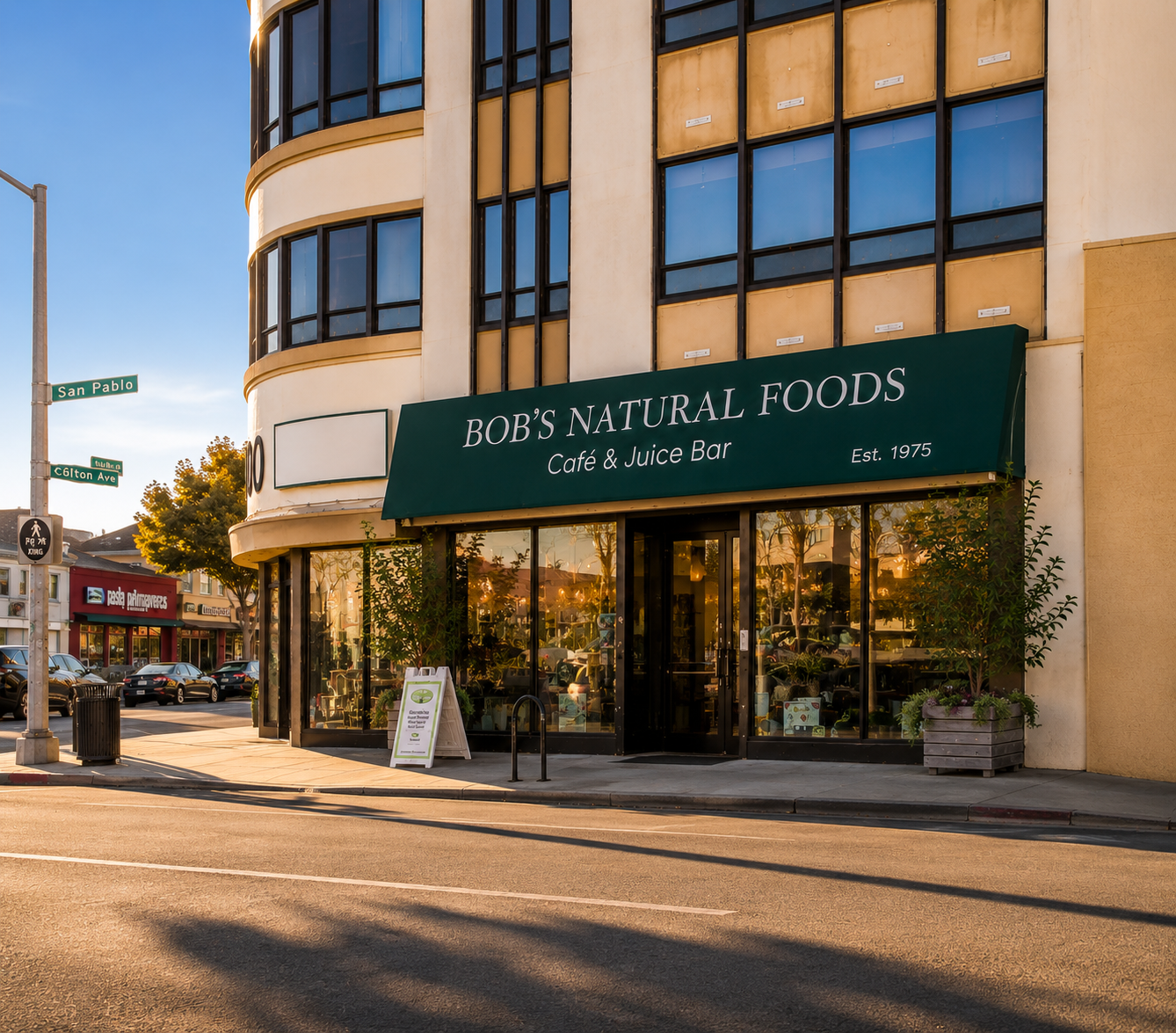Inside Bob's Natural Foods market with shelves of vitamins and fresh produce